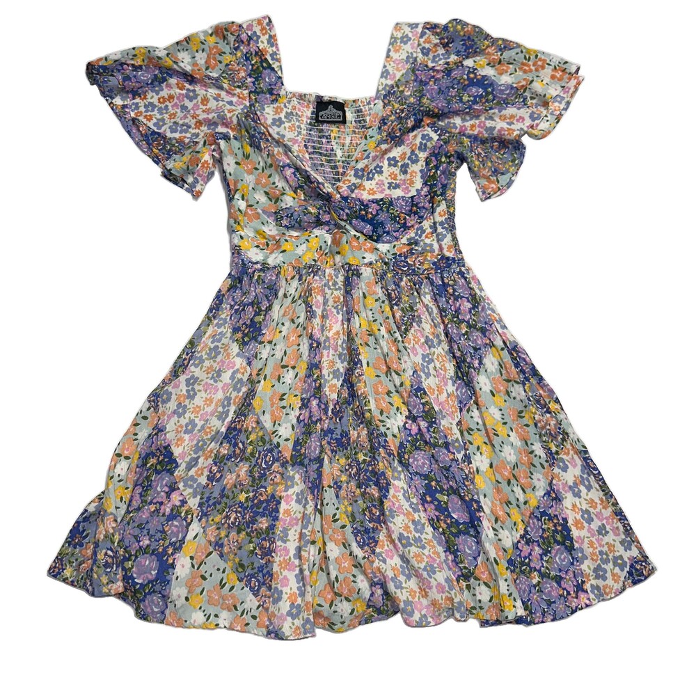 Angie Floral Patchwork Mini Dress Boho Flutter Sleeve Smocked Back Multicolor